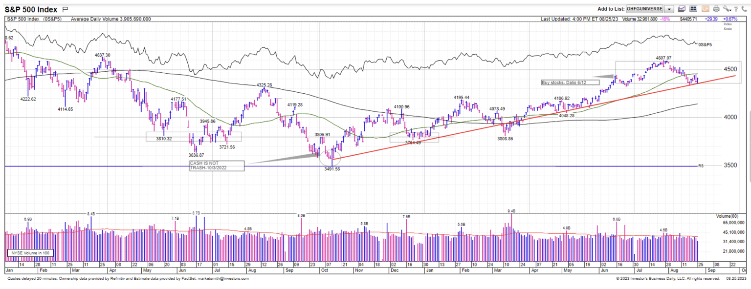 the daily chart of the S&P500 for the last 18 months as of 8/28/23