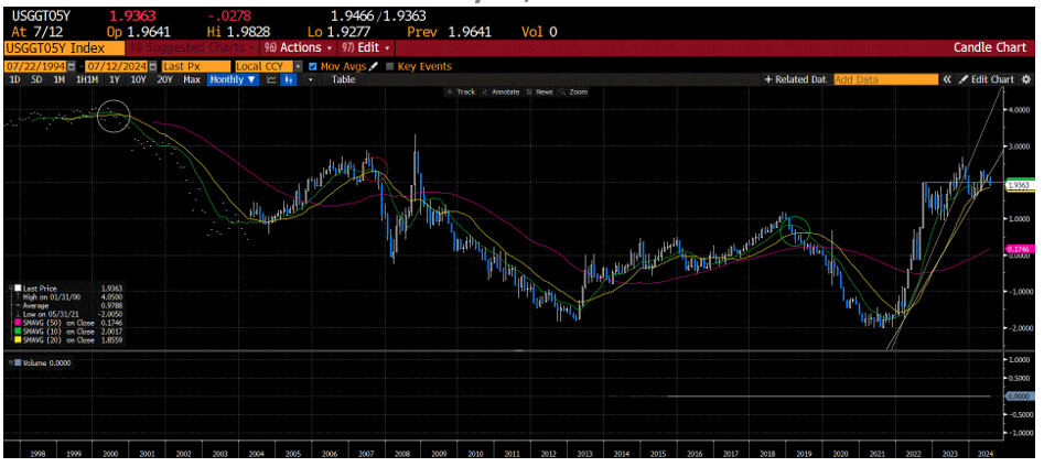 Monthly chart dating back 25 years of the same 5-year real interest rate