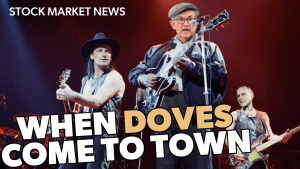 Thumbnail image showing U2 performing with BB King, with Jerome Powell’s face edited onto BB King and Chris Perras’s face on the guitarist, alongside text that reads ‘Stock Market News: When Doves Come to Town.