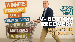 Chris Perras pushing a shopping cart with boxes inside that say "winners, technology, semis, comm services, energy, materials, and winners (again)"